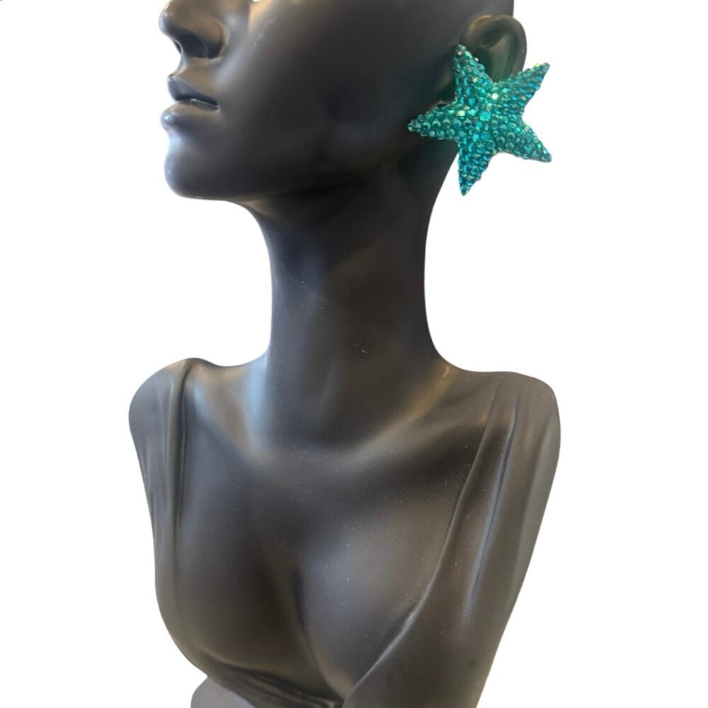Vintage Richard Kerr Aqua Blue Starfish Clip Earrings Rhinestone 80s Statement
